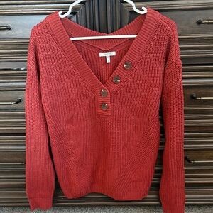 Maurices Orange/Red V-Neck Sweater with Buttons